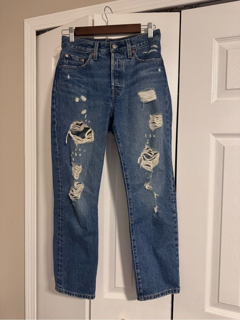 Levi's 501 Original Cropped Distressed High Rise Straight Leg Jeans W24 L26